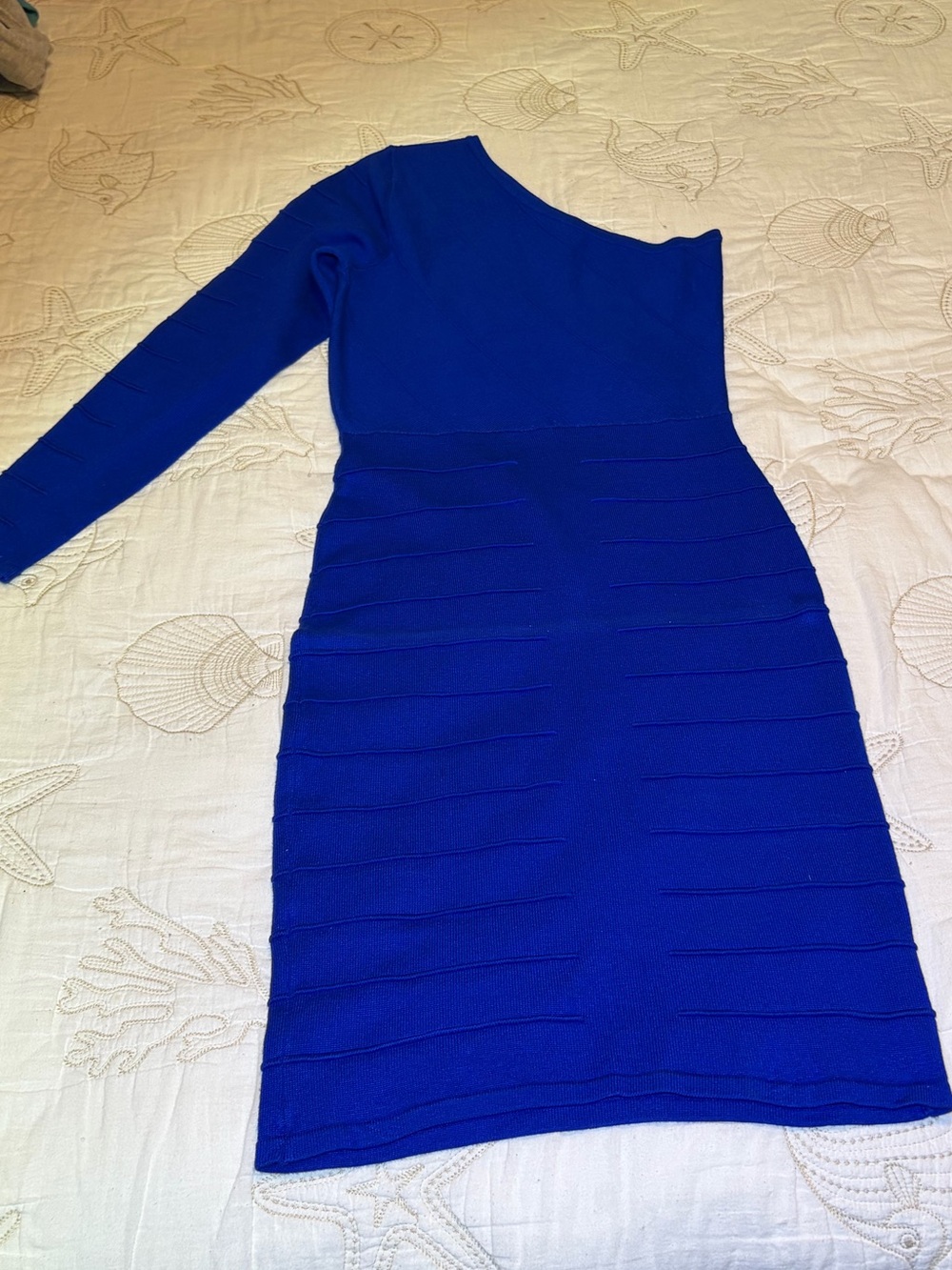 Nicki Minaj One-Shoulder Ribbed Royal Blue Bodycon Sweater Dress. Medium